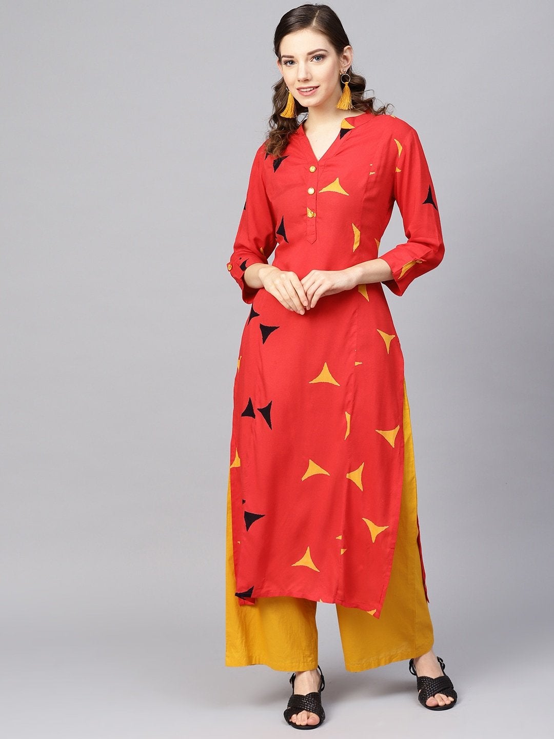 Women's Red & Mustard Yellow Printed Straight Kurta - Meeranshi