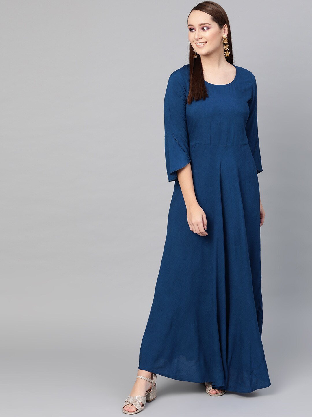 Women's  Blue Solid Fit and Flare Dress - AKS