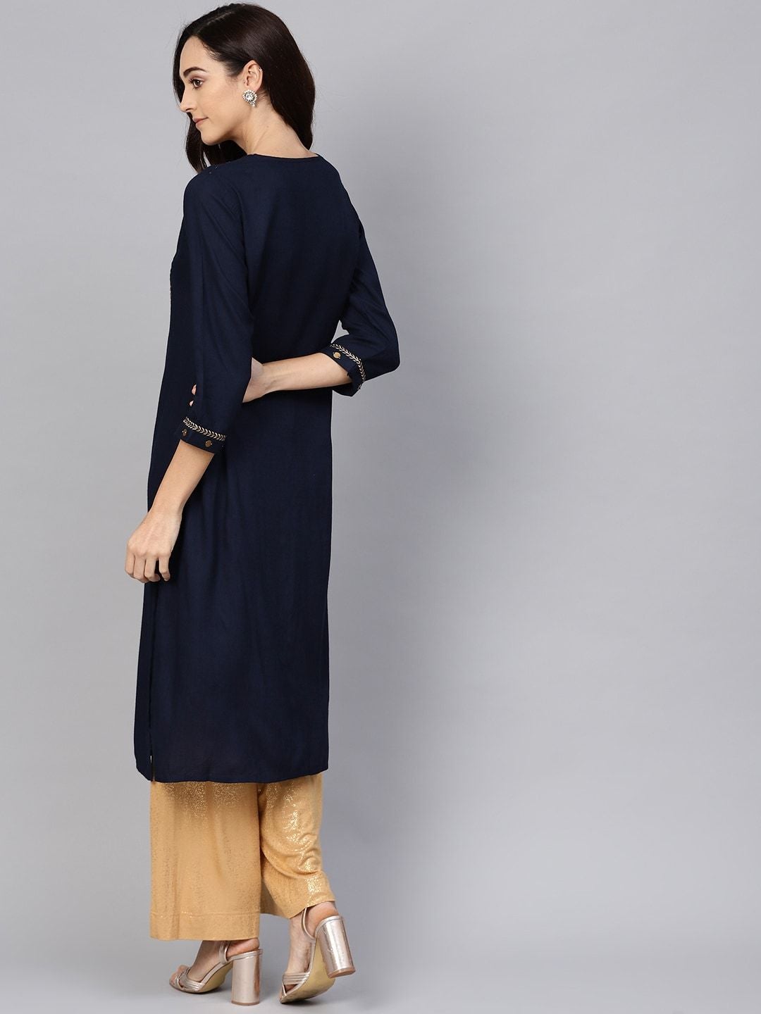 Women's Navy Blue & Golden Yoke Design Straight Kurta - Meeranshi