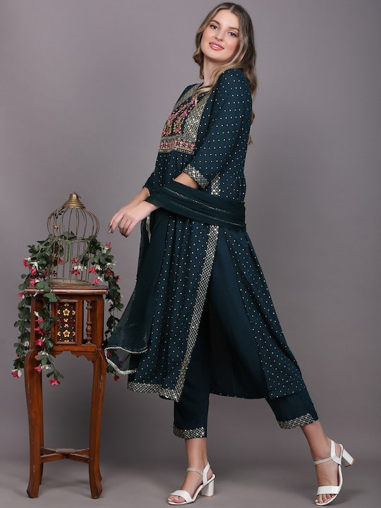 Women's Blue Ethnic Motifs Embroidered Pleated Kurta With Trousers & With Dupatta - Noz2Toz