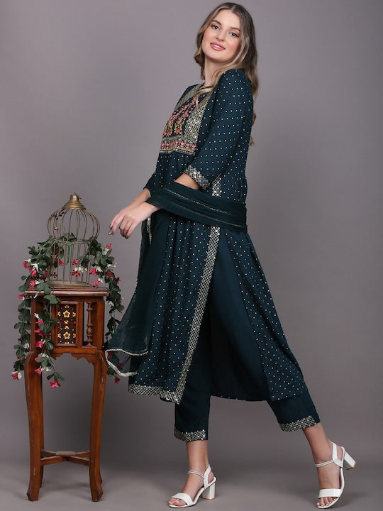 Women's Blue Ethnic Motifs Embroidered Pleated Kurta With Trousers & With Dupatta