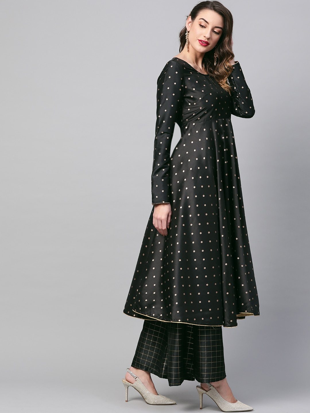 Women's  Black & Golden Woven Design Anarkali Kurta - AKS