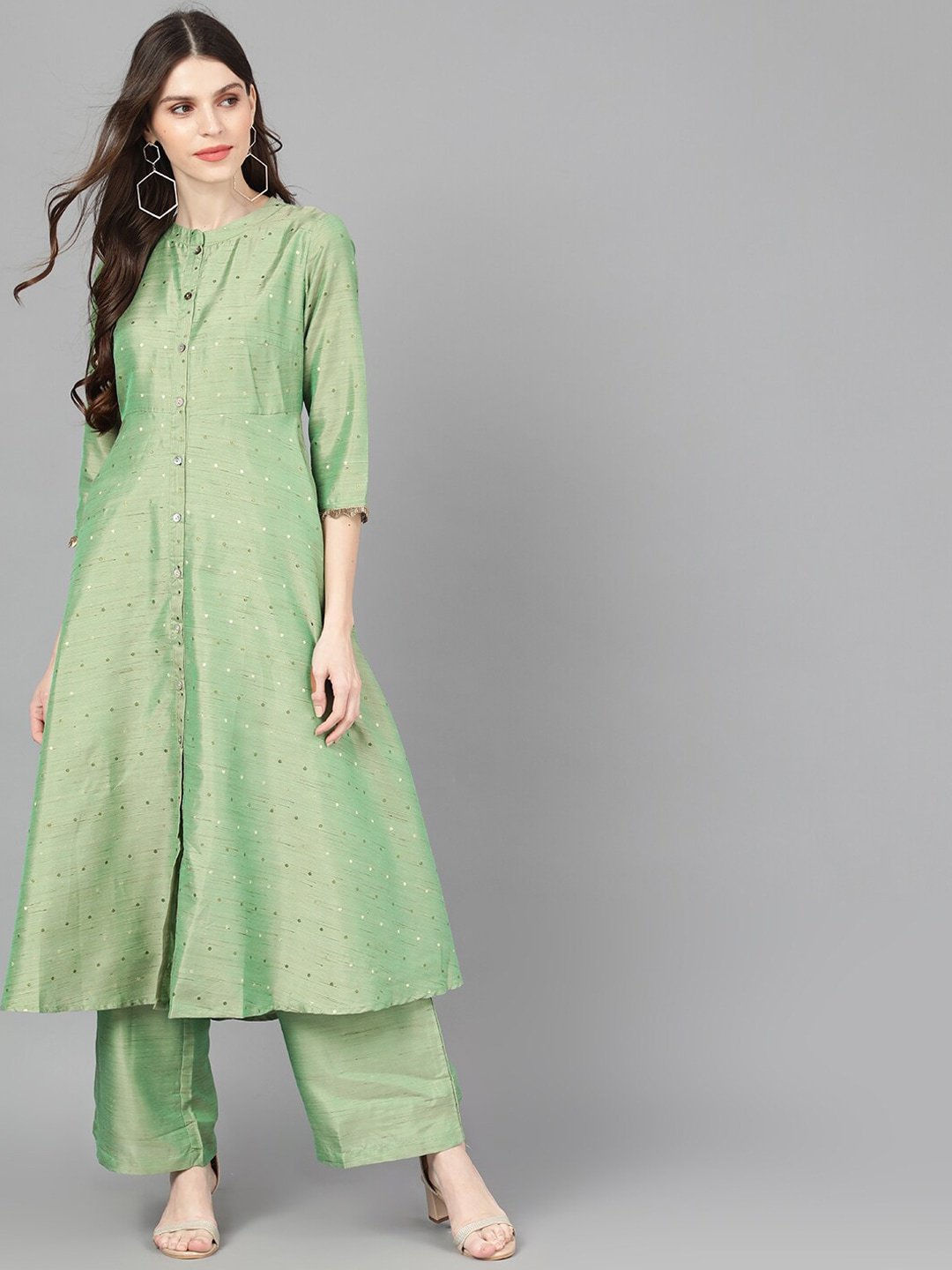 Women's  Green Woven Design A-Line Kurta - AKS