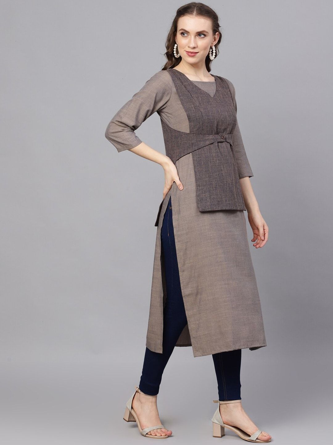Women's  Grey & Blue Yoke Design A-Line Kurta - AKS