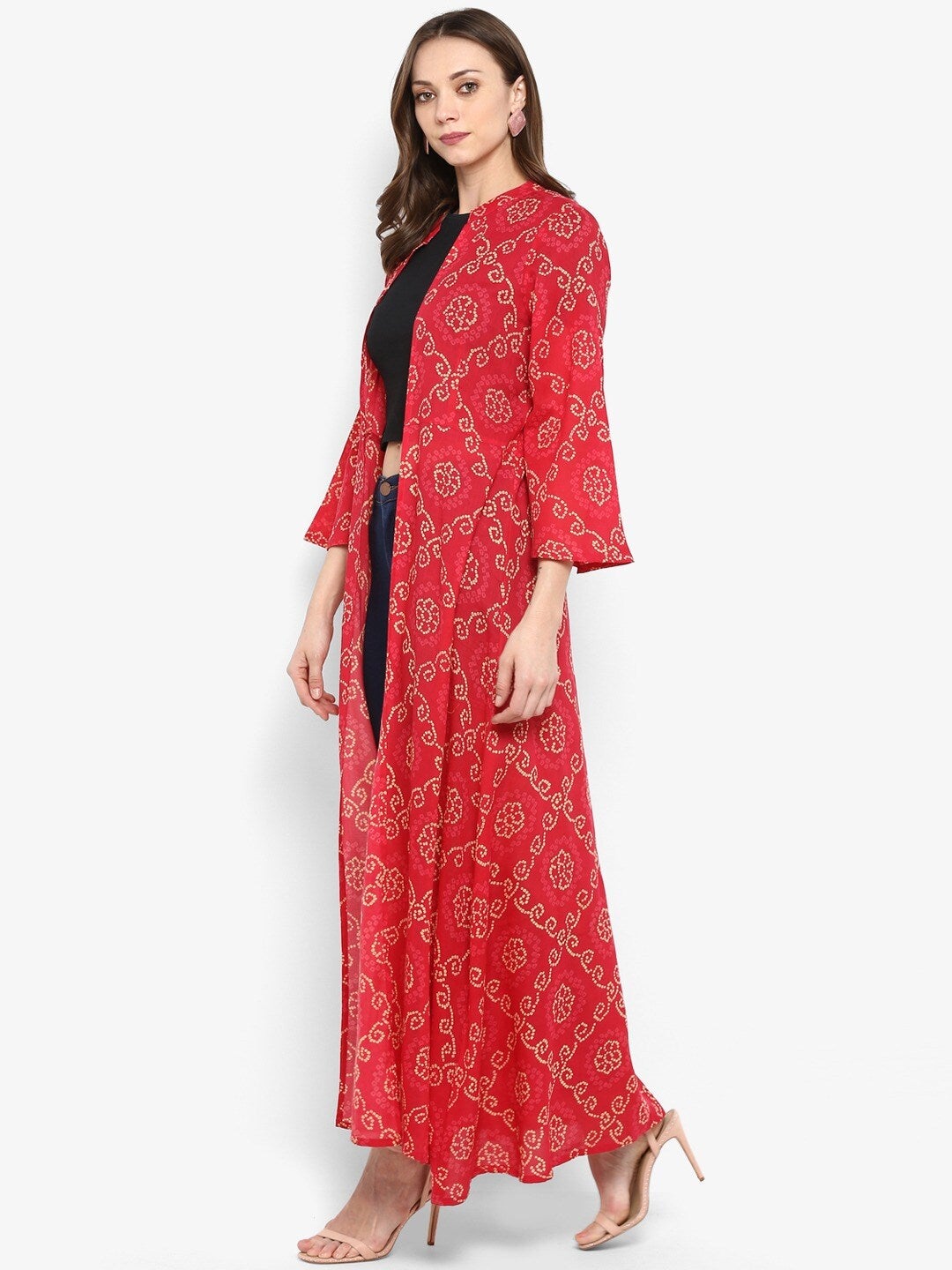 Women's Red & White Bandhani Printed Longline Ethnic Jacket - Meeranshi