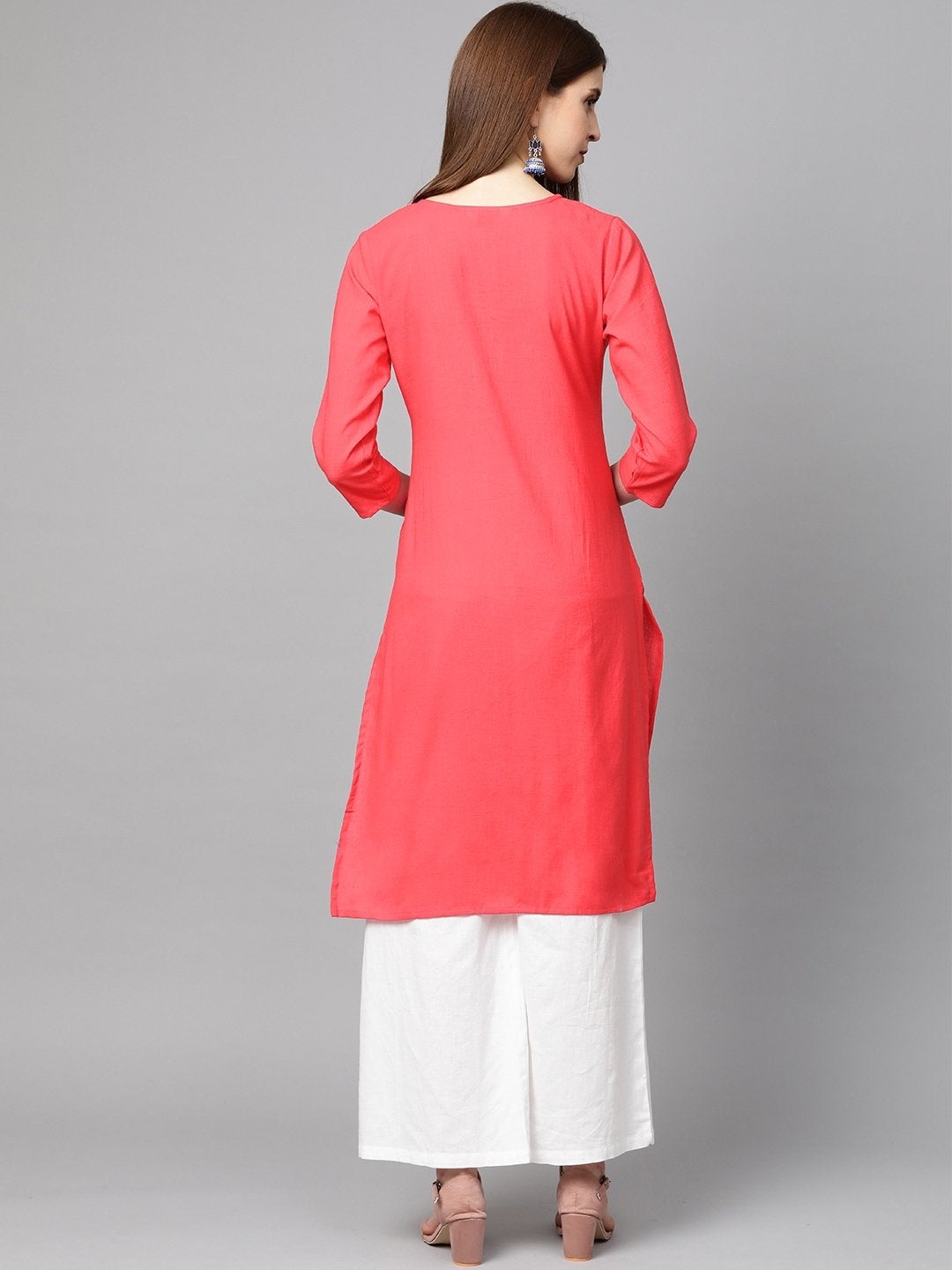 Women's Coral Pink Yoke Design Straight Kurta - Meeranshi