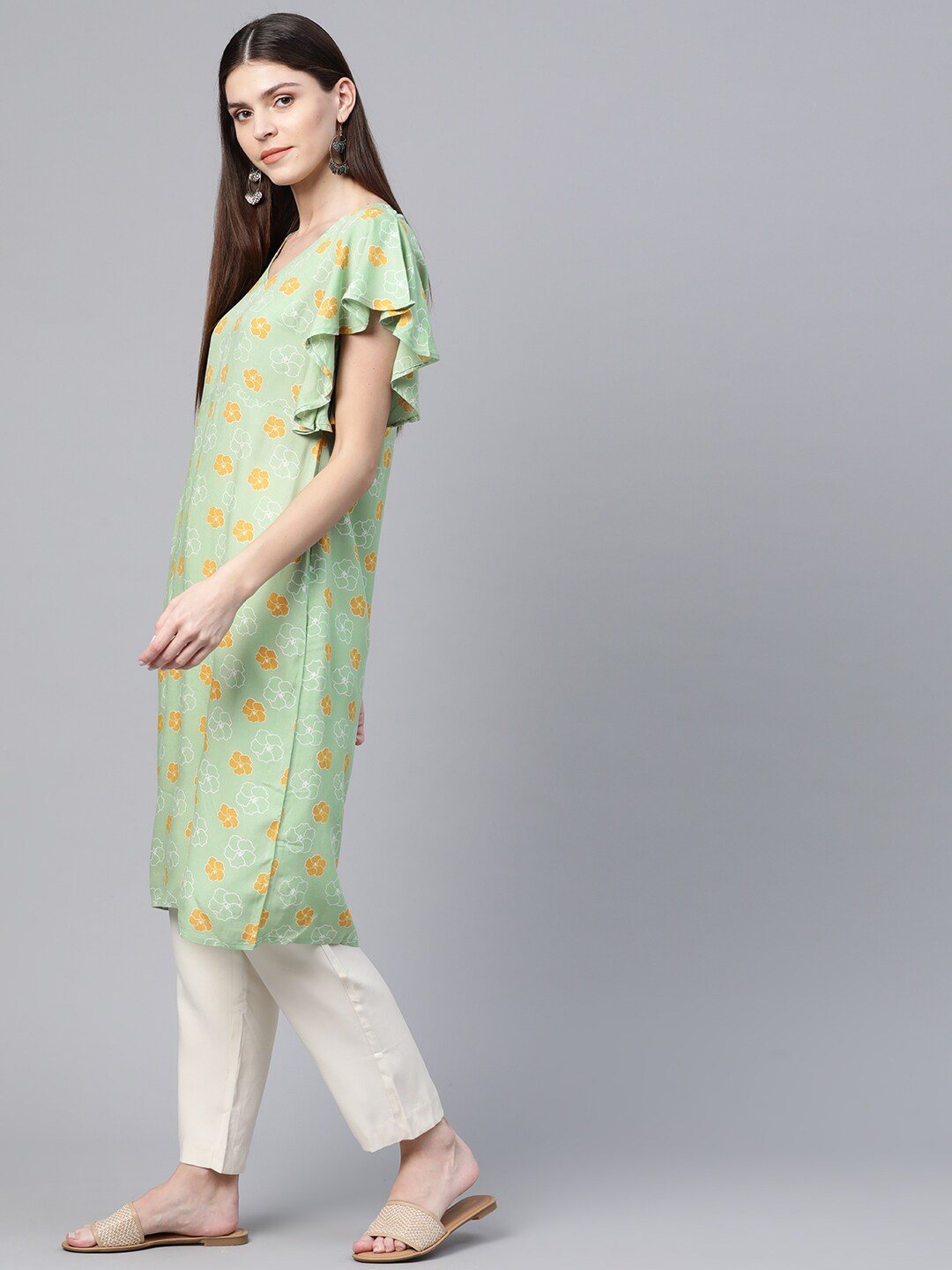 Women's  Green & Mustard Yellow Floral Printed Flutter Sleeves Long Tunic - AKS