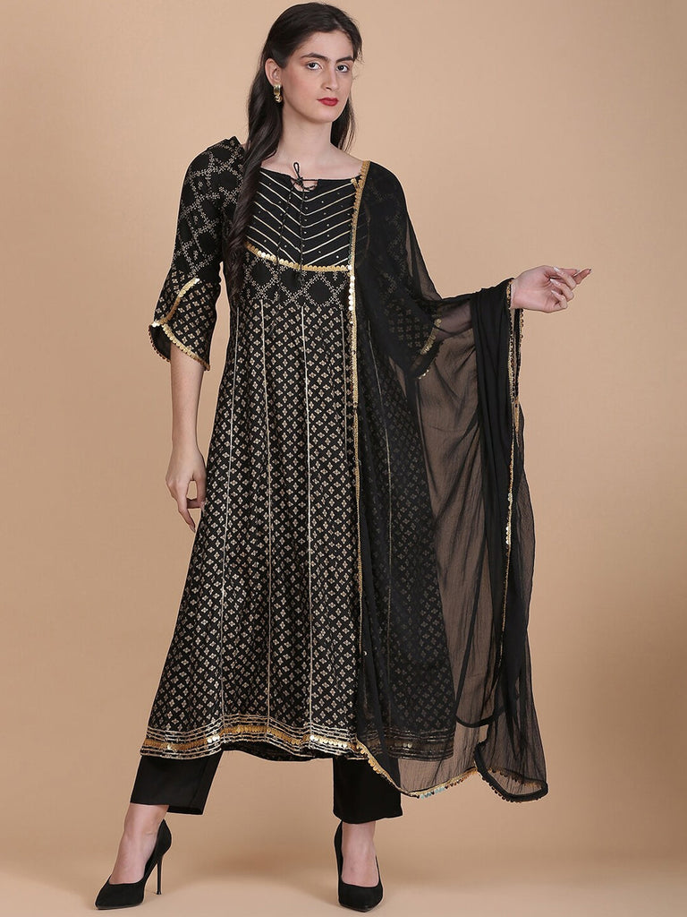 Women's Tie-Up Neck Floral Printed Kurta With Palazzos & Dupatta