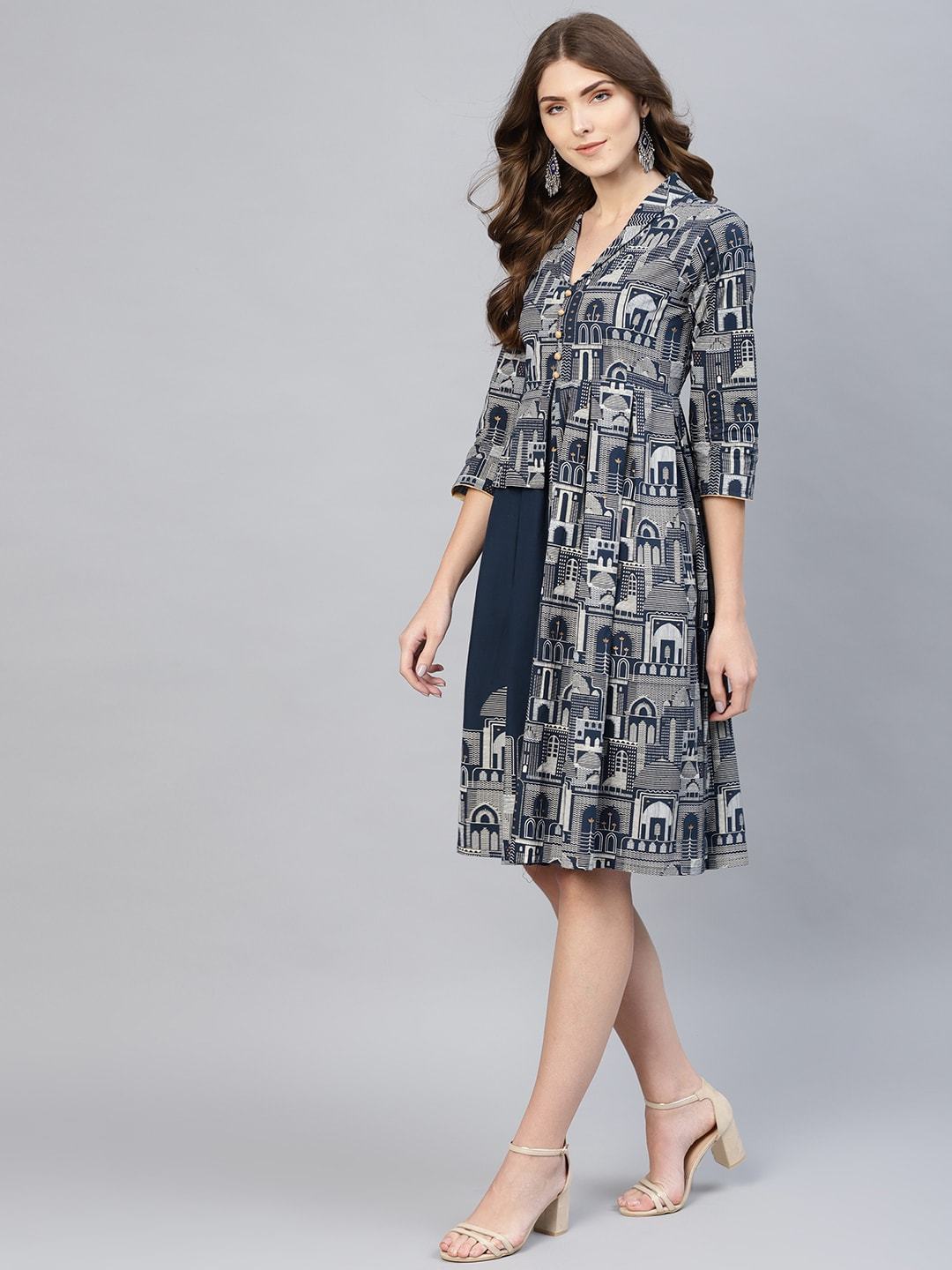 Women's  Navy & Off-White Printed Layered A-Line Dress - AKS