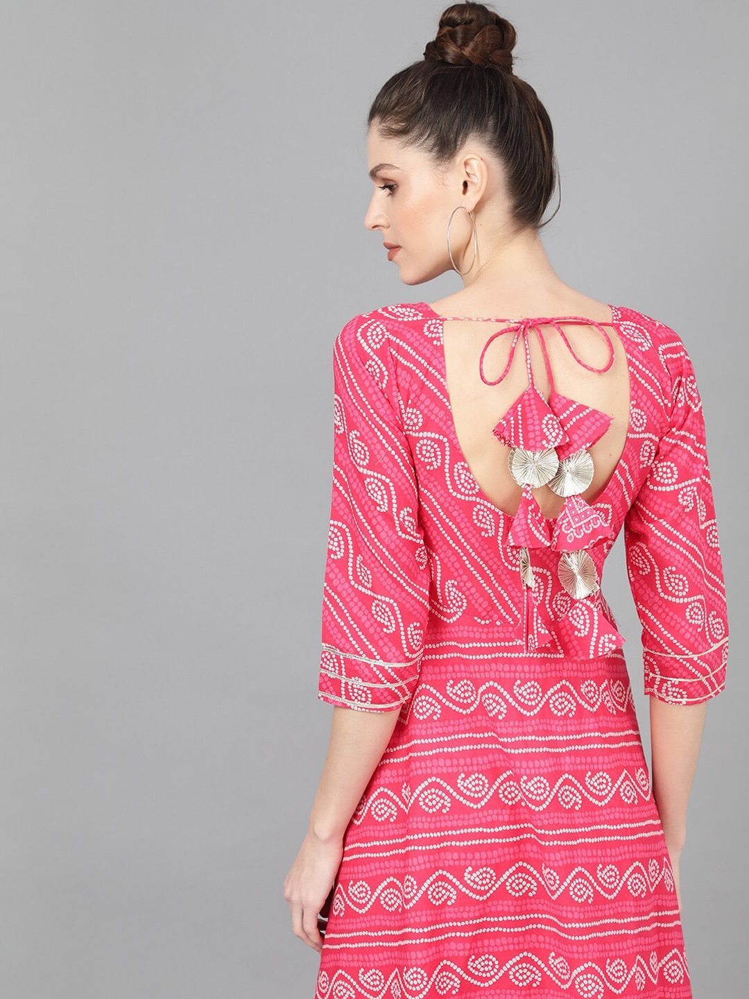 Women's  Pink Bandhani Printed Maxi Dress - AKS