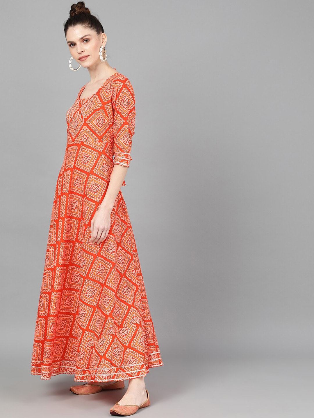 Women's  Orange  Bandhani Printed Maxi Dress - AKS