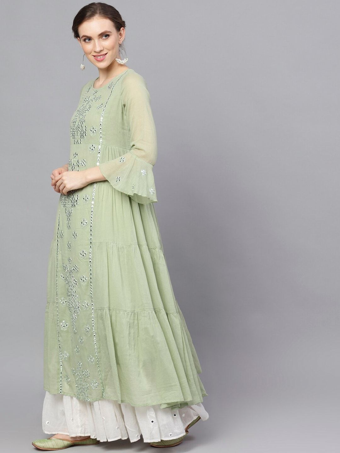Women's  Green Embroidered Layered Anarkali Kurta - AKS