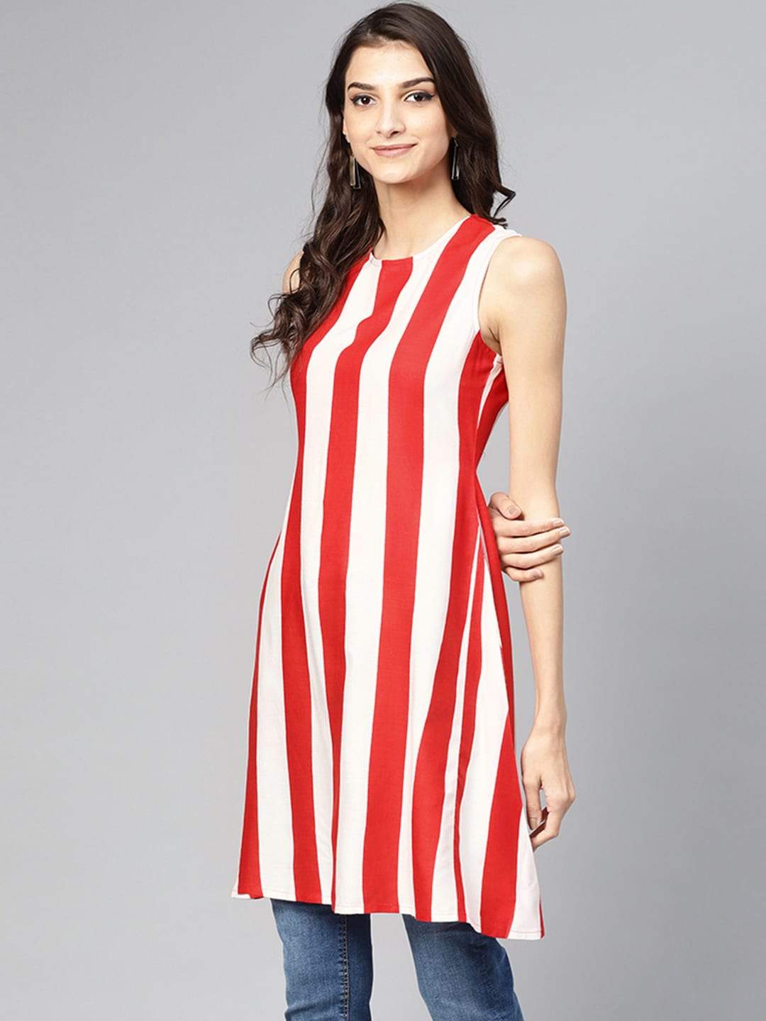 Women's Red & White Striped A-Line Dress - Meeranshi