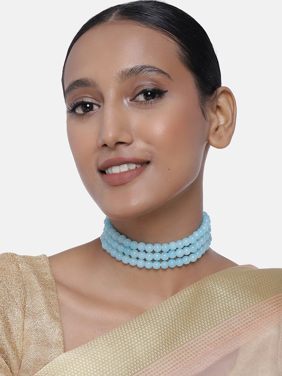 Women's Gold Plated Turquoise Handcrafted 3 Layer Light Weighted Pearl Choker Necklace Set - i jewels