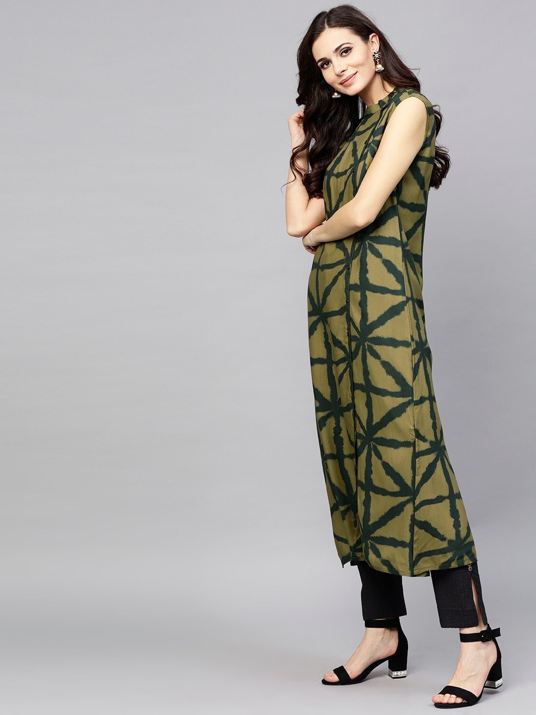 Women's  Olive Green Printed Sleeveless Straight Kurta - AKS