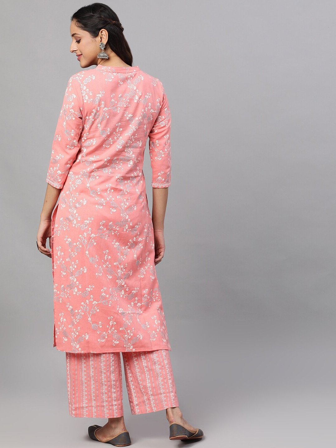 Women's  Peach-Coloured & Silver-Toned Printed Kurti with Palazzos - AKS
