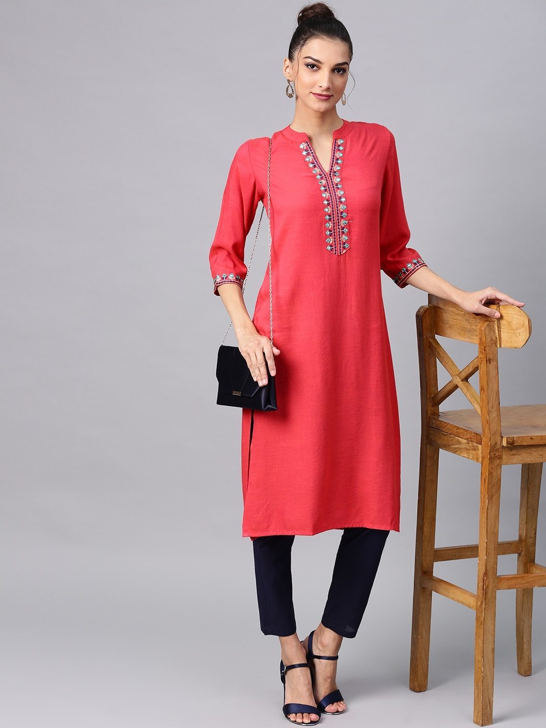 Women's  Coral Pink Solid Straight Kurta With Embroidered Detail - AKS