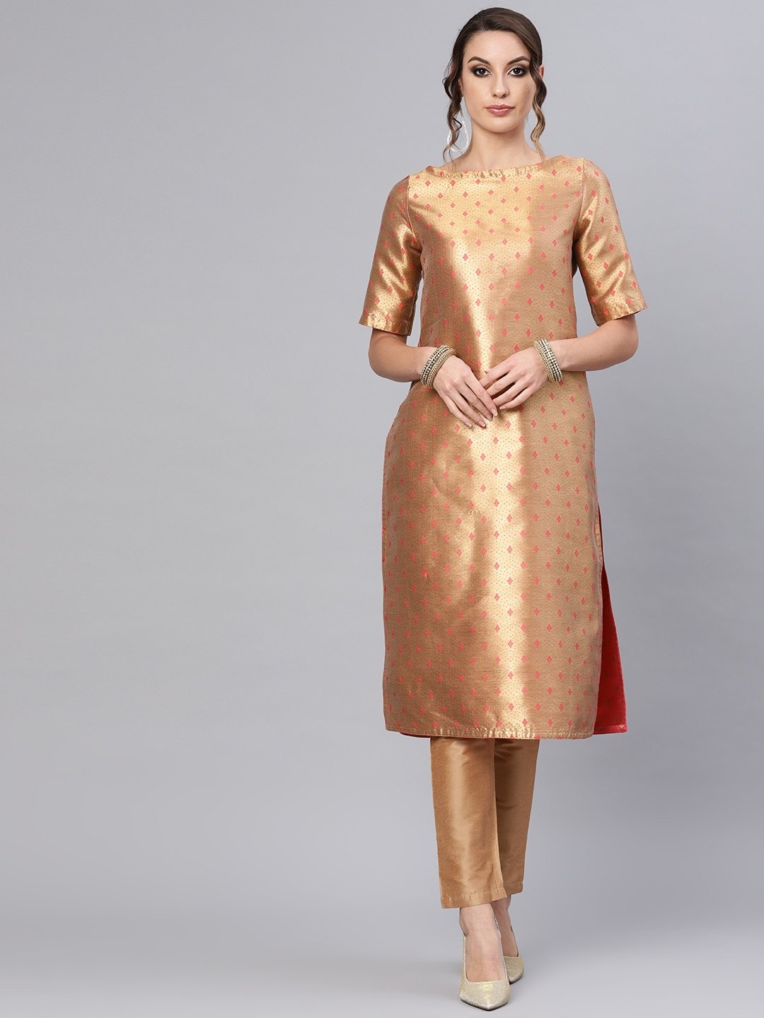 Women's  Coral Pink & Golden Reversible Woven Design Straight Kurta - AKS