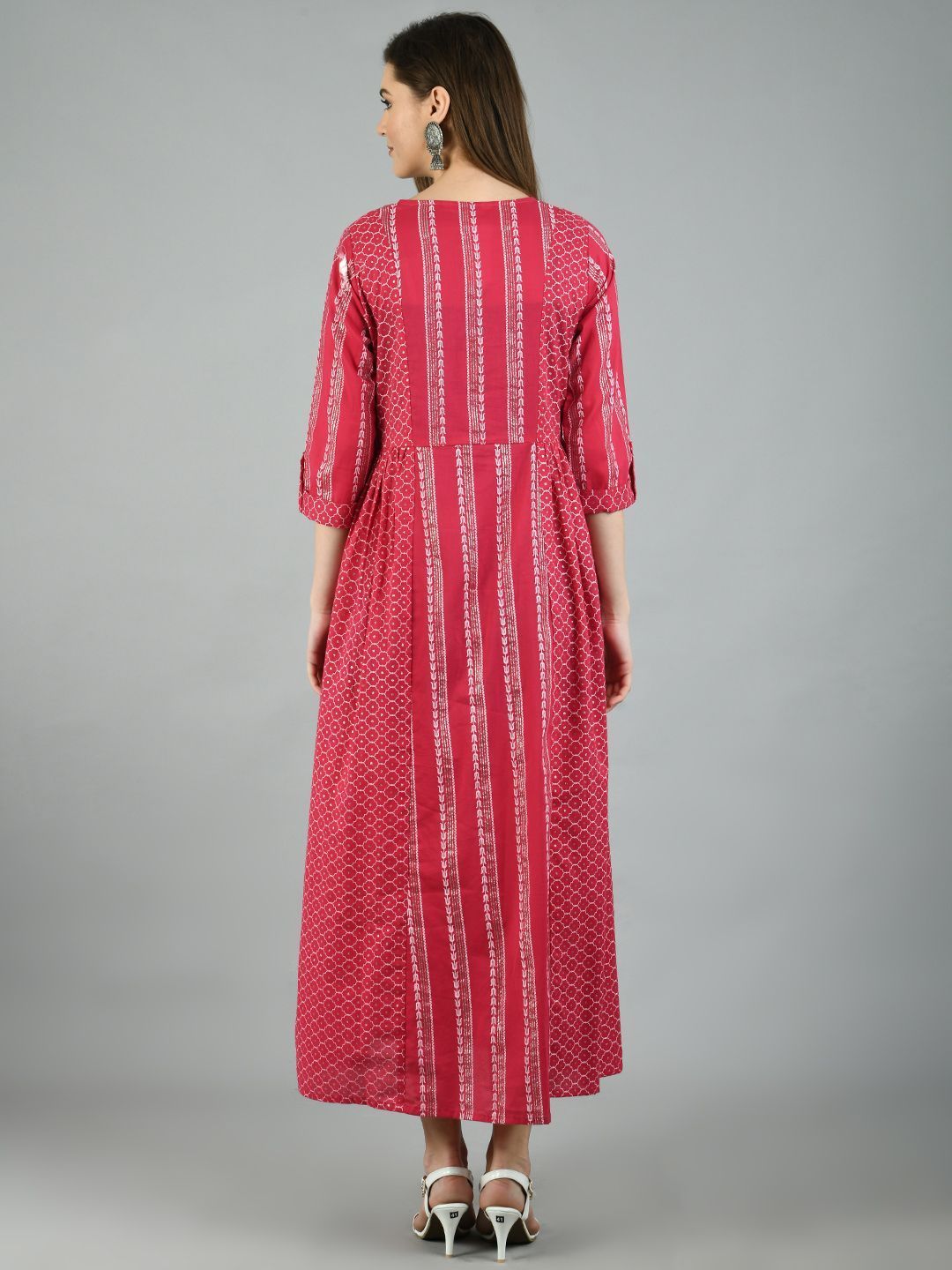 Women's Pink Cotton Printed 3/4 Sleeve Round Neck Casual Dress - Myshka
