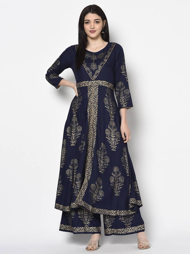 Women's Navy Blue Rayon Gold Print Flared slip-on Palazzo