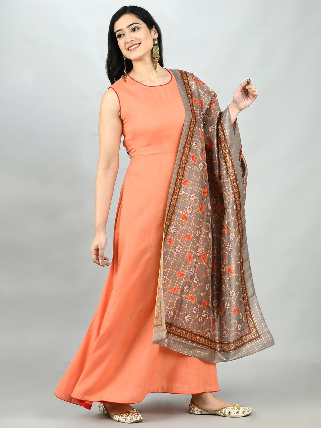 Women's Peach Cotton Solid Sleeveless Round Neck Casual Kurta Dupatta Set - Myshka