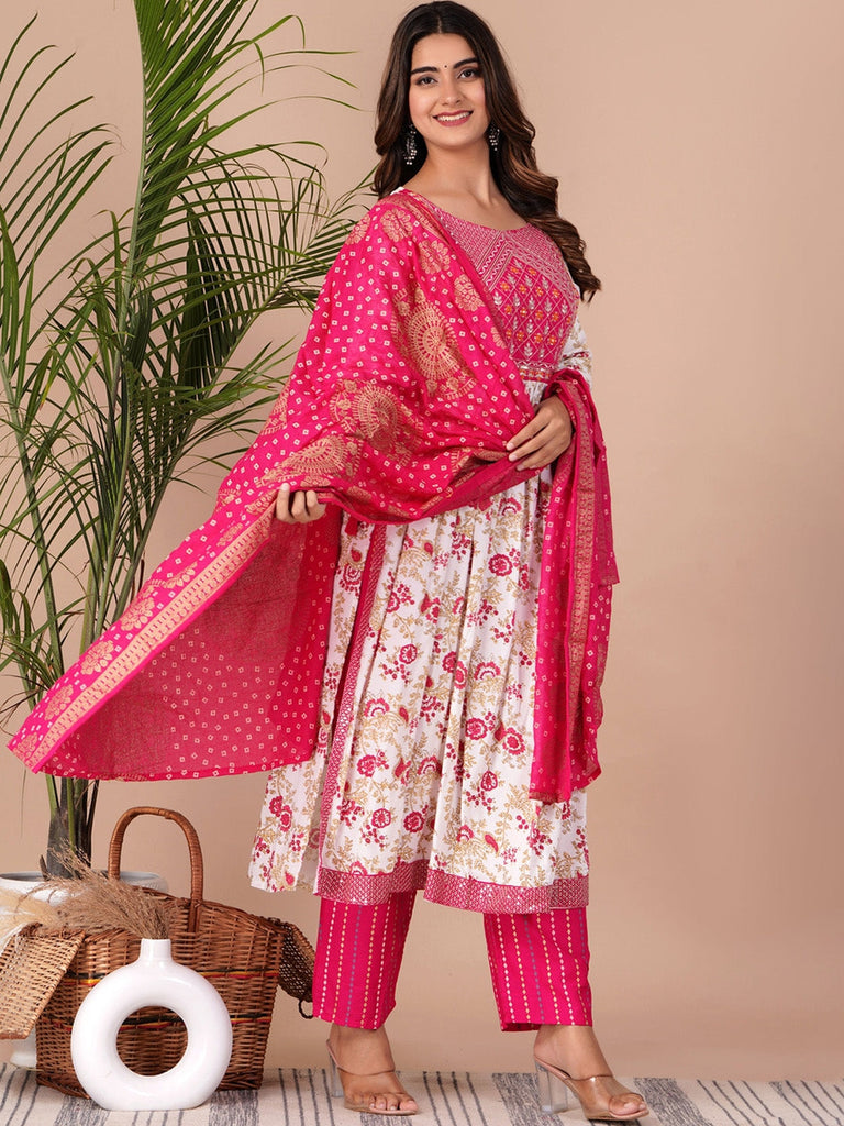 Women's Floral Printed Empire Thread Work Kurta With Palazzos & Dupatta