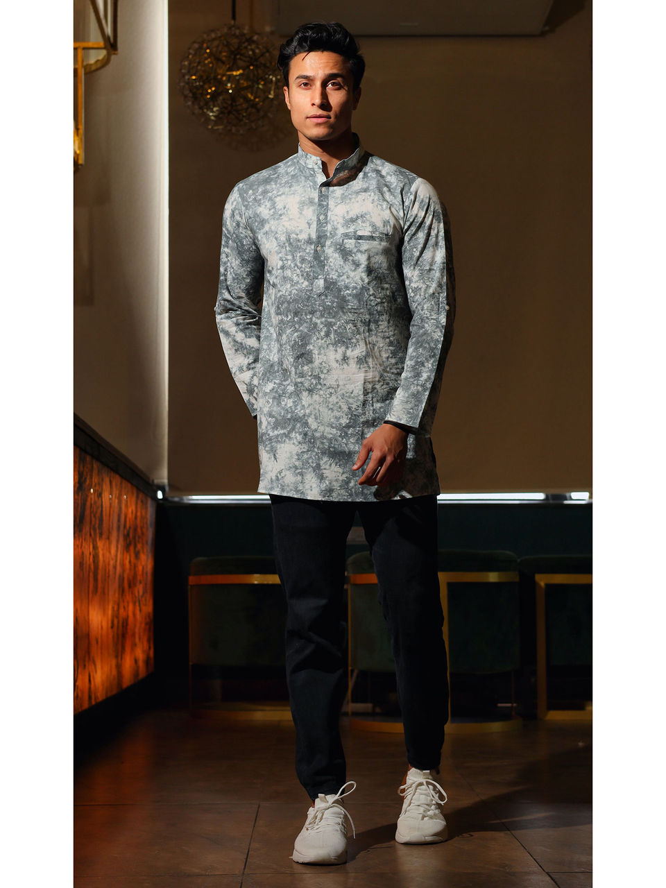 Men's Grey Tye Dyed Cotton Short Kurta - Hatheli