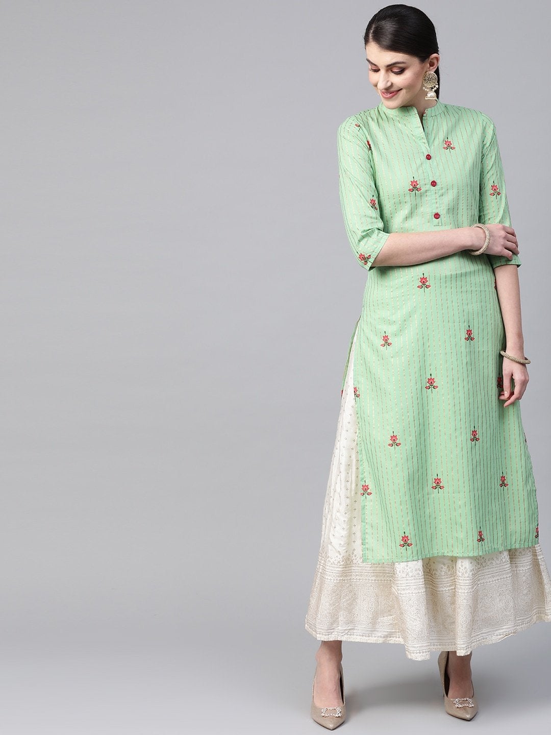 Women's Green & Golden Striped Straight Kurta - Meeranshi
