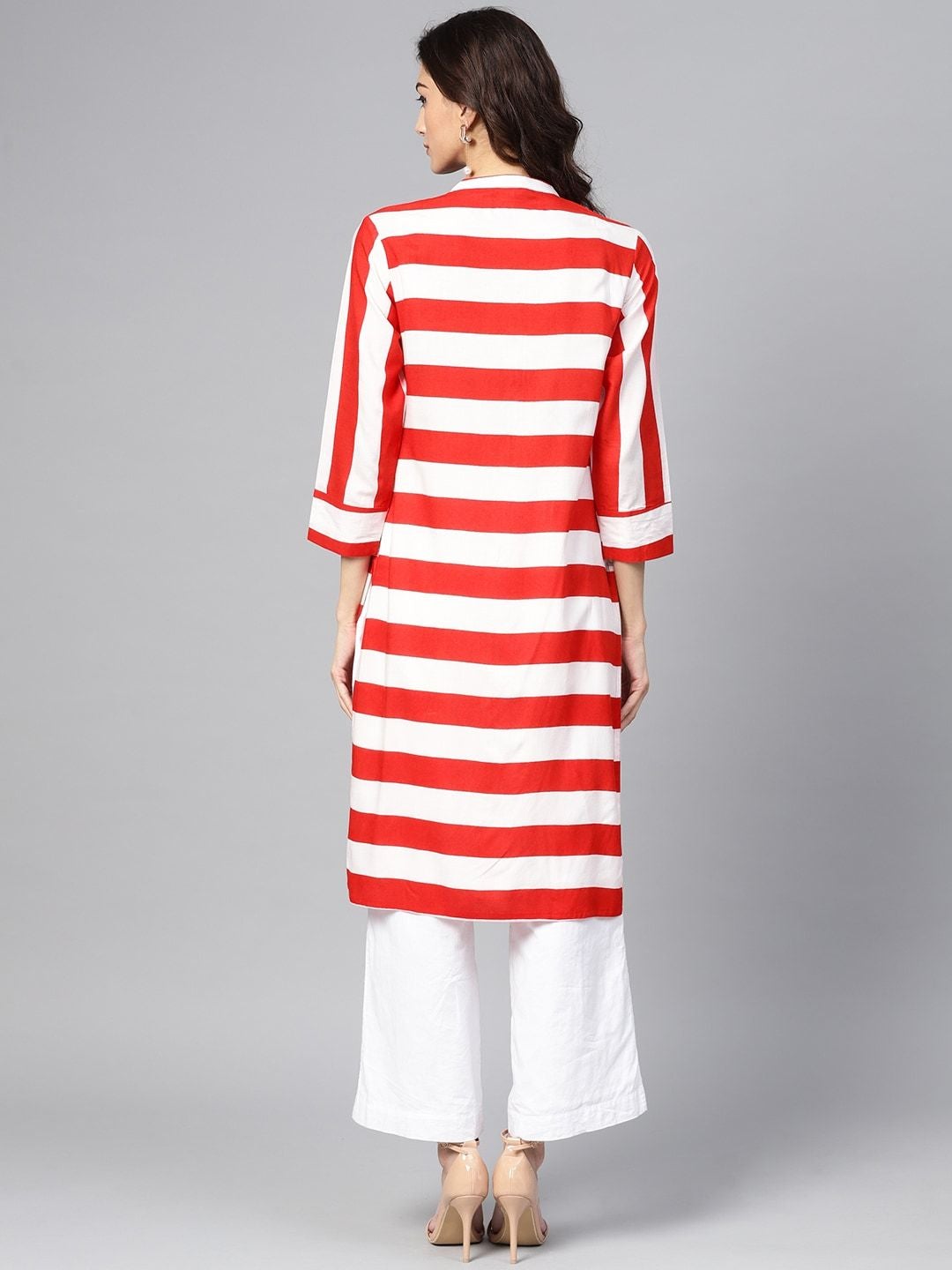 Women's Red & White Striped Straight Kurta - Meeranshi
