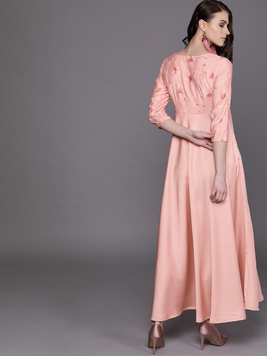 Women's  Pink Printed Detail Satin Finish Empire Maxi Dress - AKS