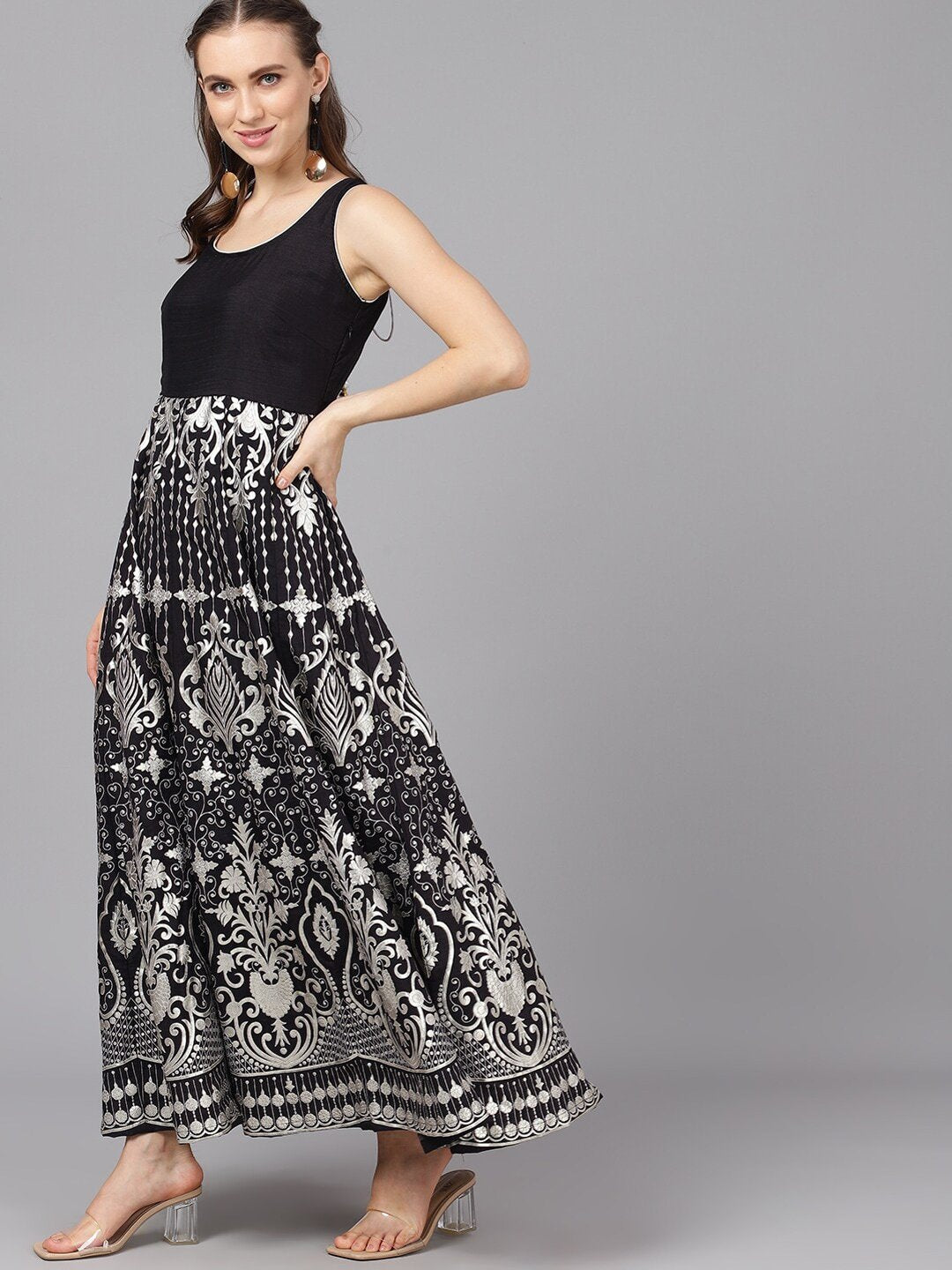 Women's  Black & Silver-Toned Printed Maxi Dress - AKS