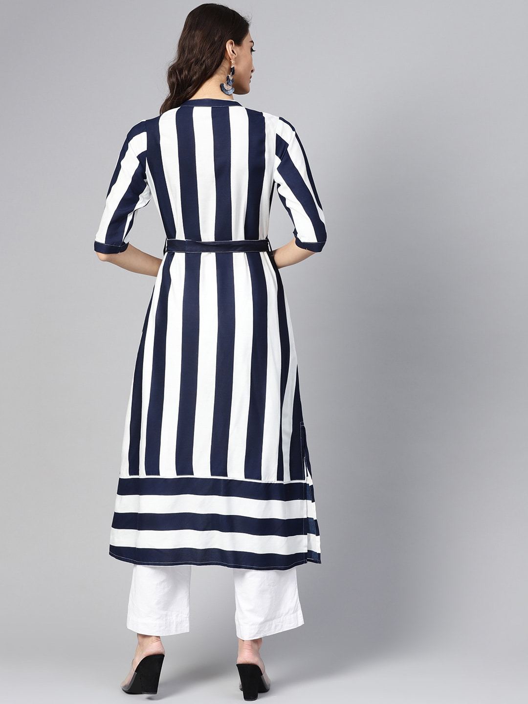 Women's Navy Blue & White Striped A-Line Dress - Meeranshi
