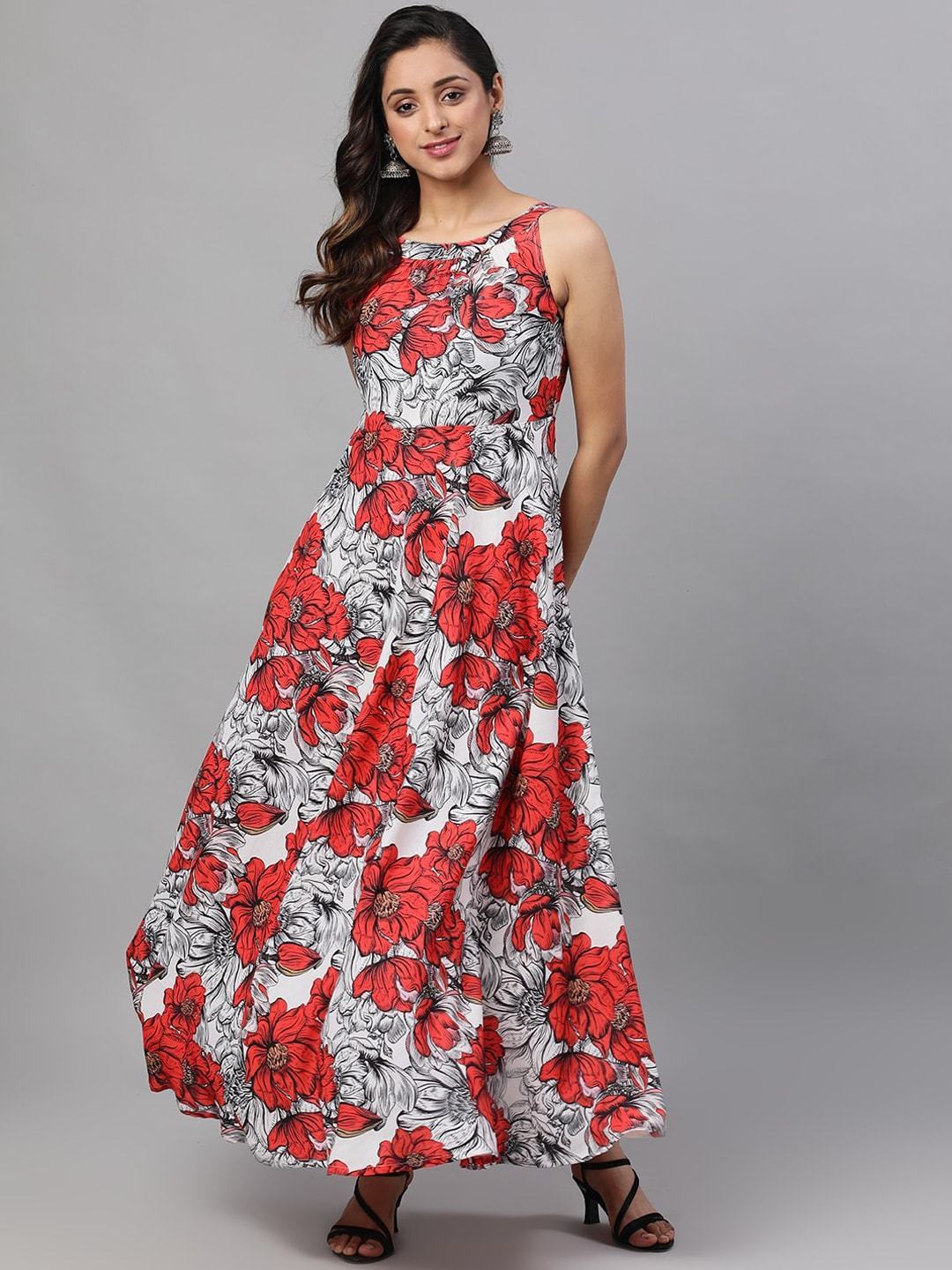 Women's  White& Red Floral Printed Maxi Dress - AKS
