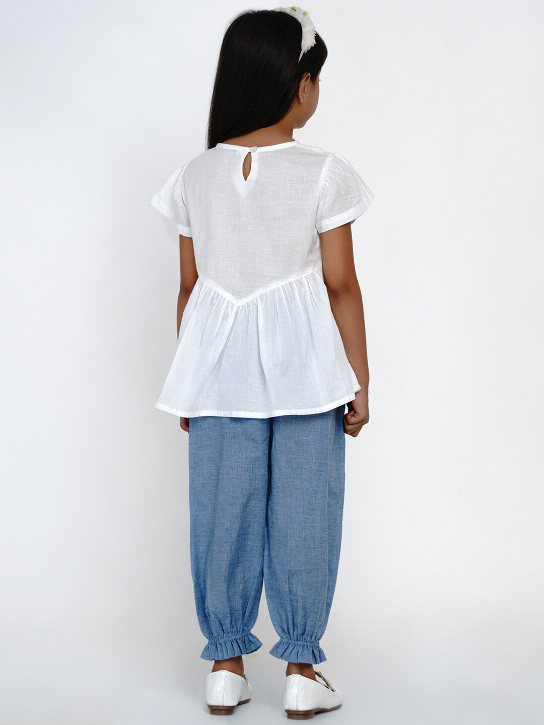 Girl's Off-White & Blue Solid Top with Trousers - NOZ2TOZ KIDS