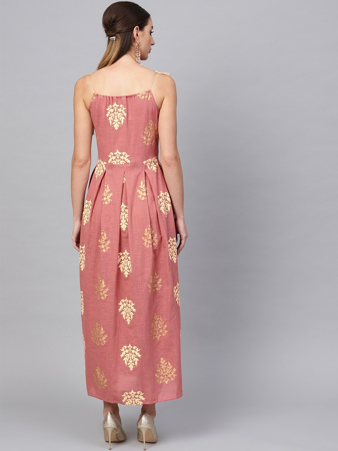 Women's  Pink & Golden Printed Maxi Dress - AKS