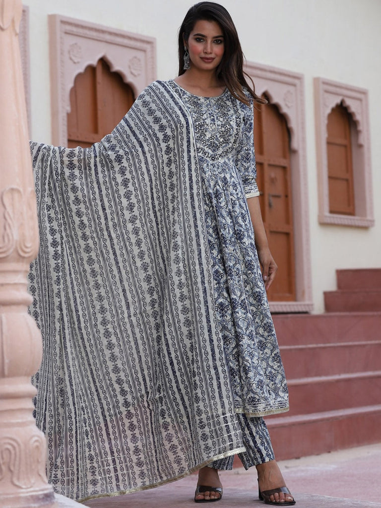 Women's Floral Printed Flared Kurta With Palazzos & Dupatta