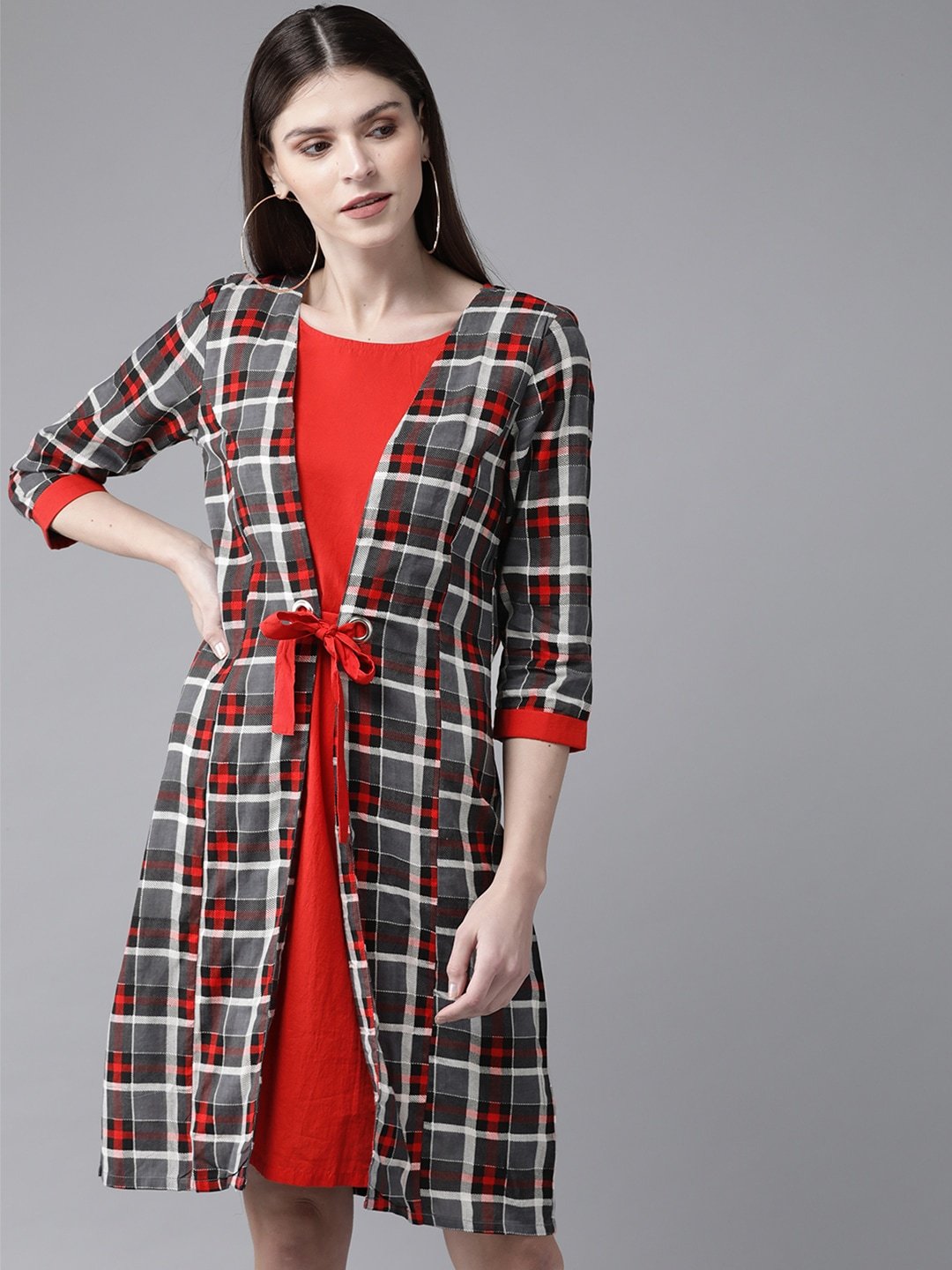 Women's  Grey & Red Checked Layered A-Line Dress - AKS