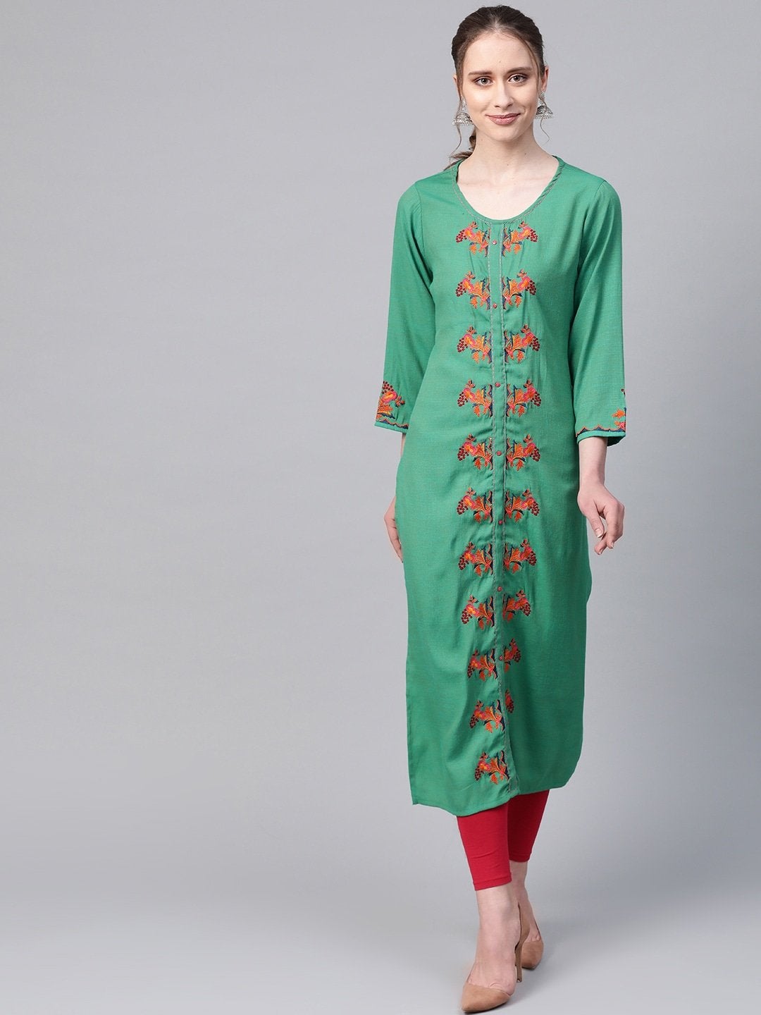 Women's Green & Orange Embroidered Straight Kurta - Meeranshi