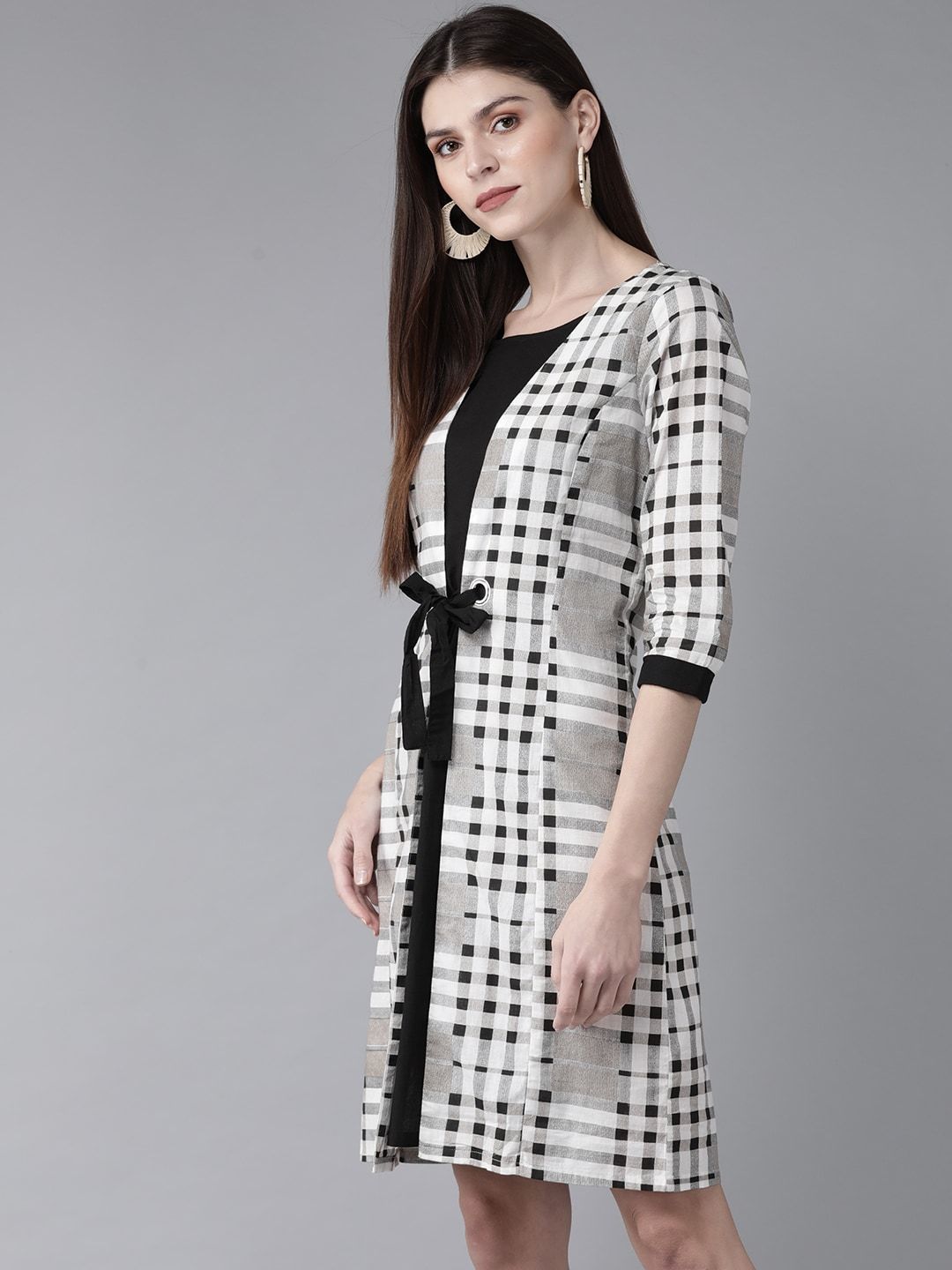 Women's  White & Black Checked Layered A-Line Dress - AKS