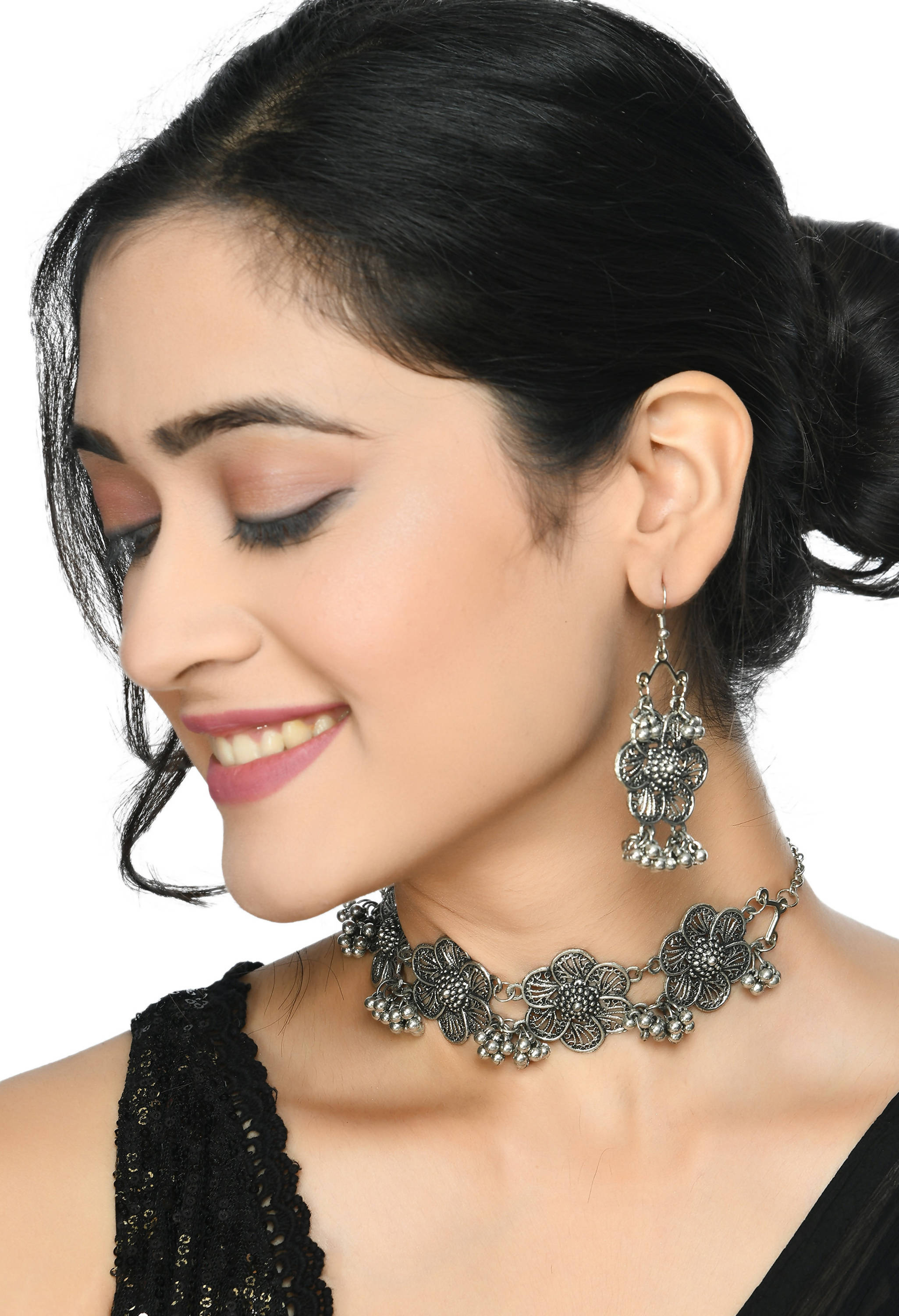 Trendia Silver color Oxidised Necklace Set With Ghungru Jkms_115