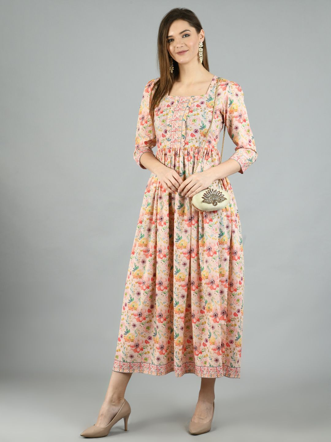 Women's Multi Cotton Printed 3/4 Sleeve Squre Casual Dress - Myshka