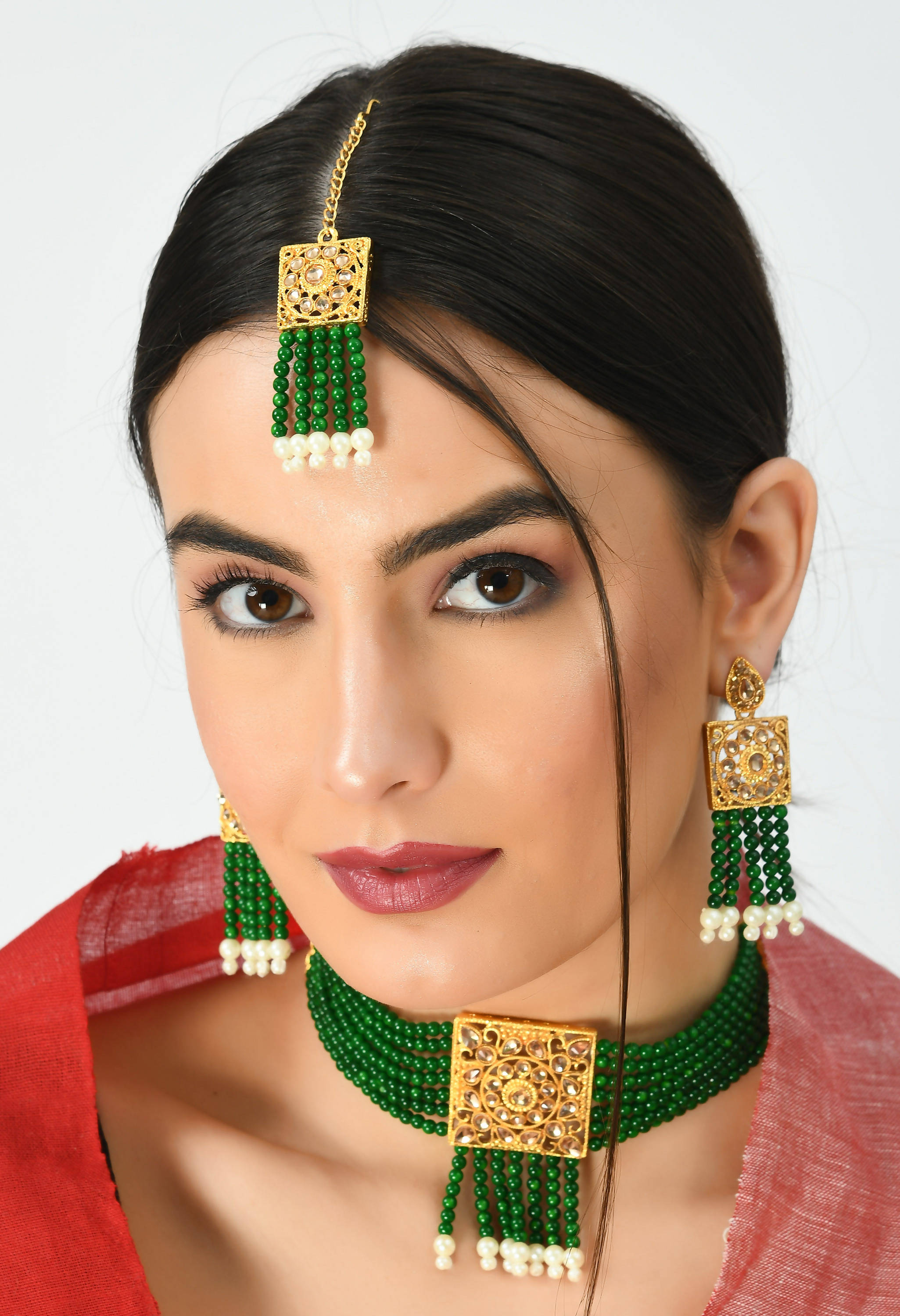 Johar Kamal Traditional Green Color Kundan & Pearls Necklace Set Jkms_035