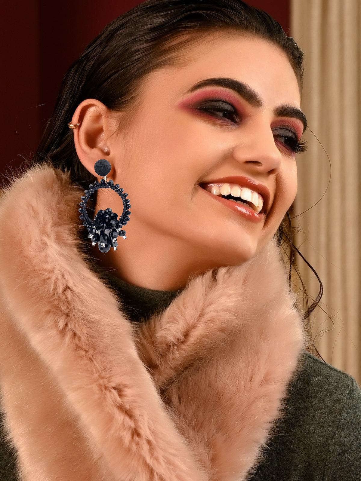 Women's Elegant Black Embellished Statement Earrings - Odette