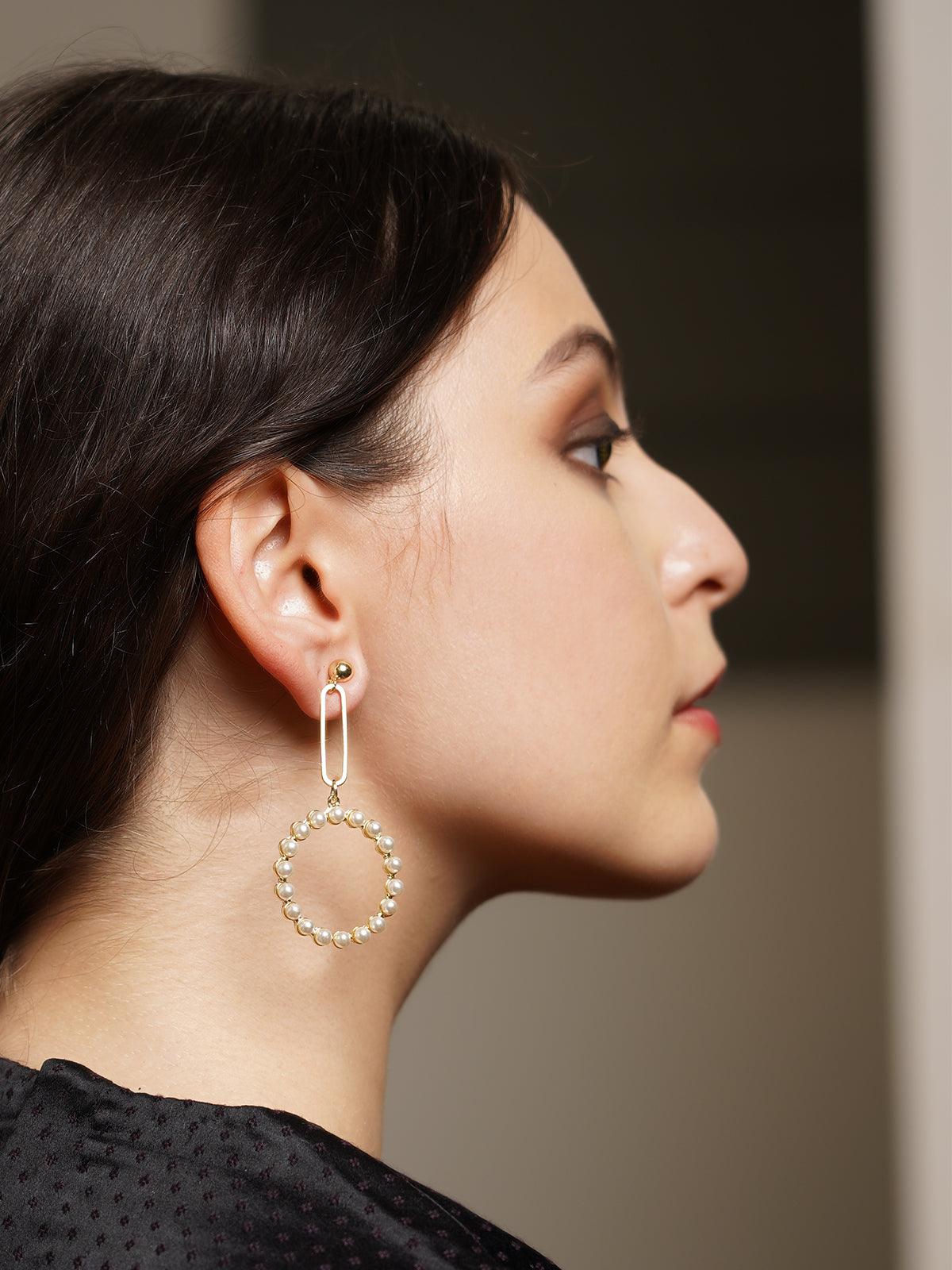 Women's Elegant Gold Tone Pearl Dangle Earrings - Odette