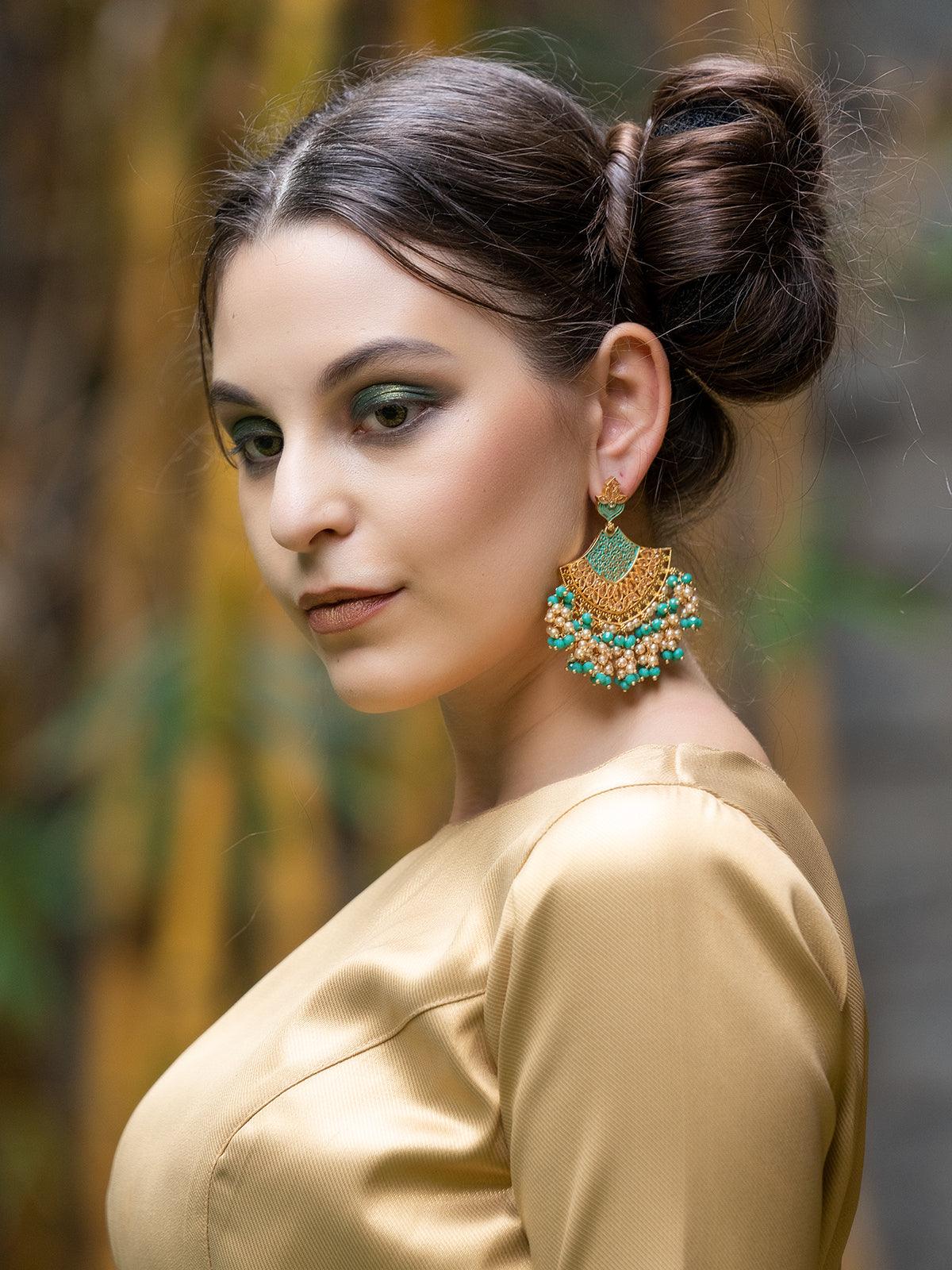Women's Elegant Golden Tone Half-Moon Light Green Dangle Earrings - Odette