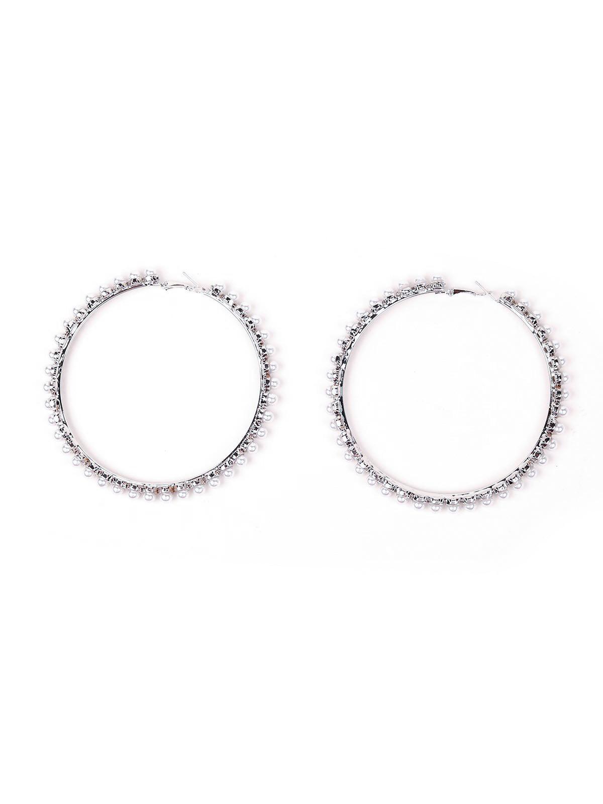Women's Elegant Pearl Hoop Earrings -Silver - Odette