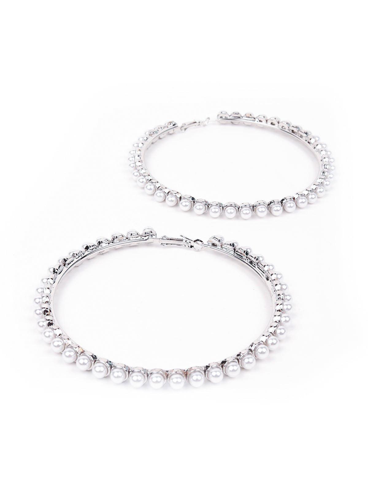 Women's Elegant Pearl Hoop Earrings -Silver - Odette