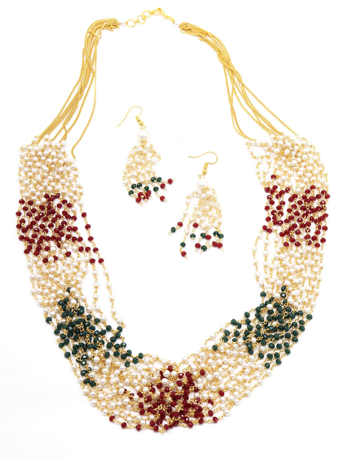 Women's Elongated Onyx And Regular And Pearl Semi-Precious Necklace With Earrings - Odette