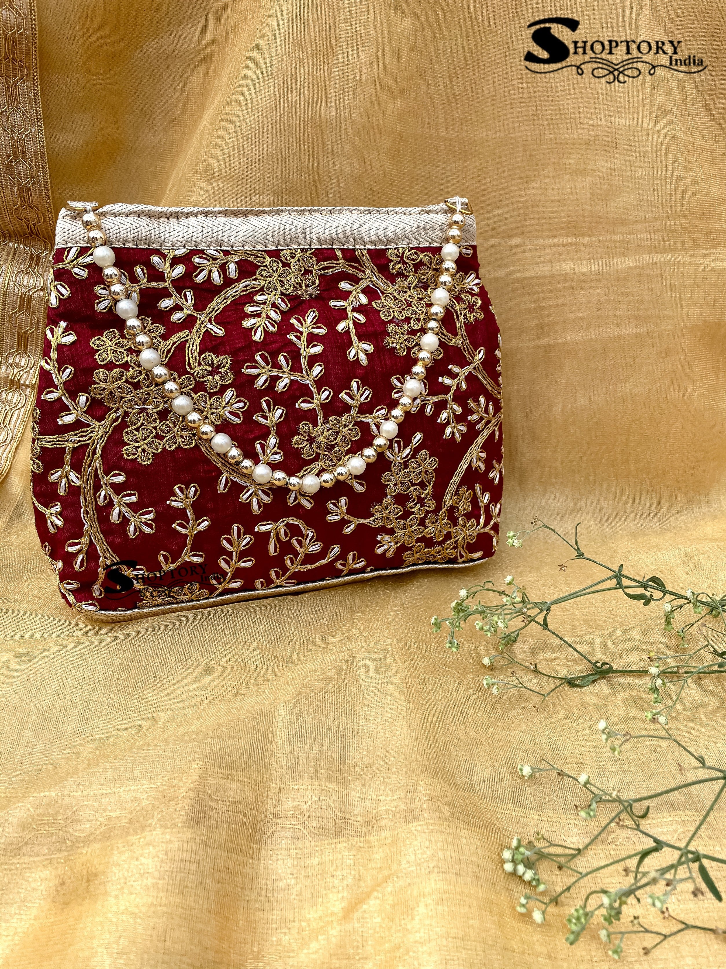 Women's Embroidered Woman Potli Bag Maroon - Ritzie