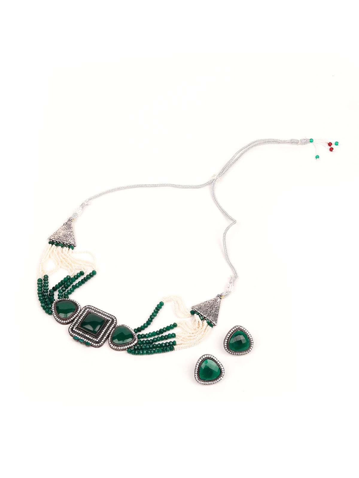Women's Emerald Green And White Beaded Choker - Odette